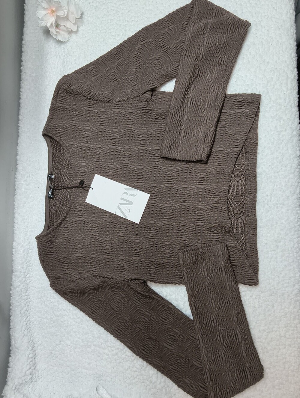 Zara Brown Textured Cable-Style Crewneck Sweater